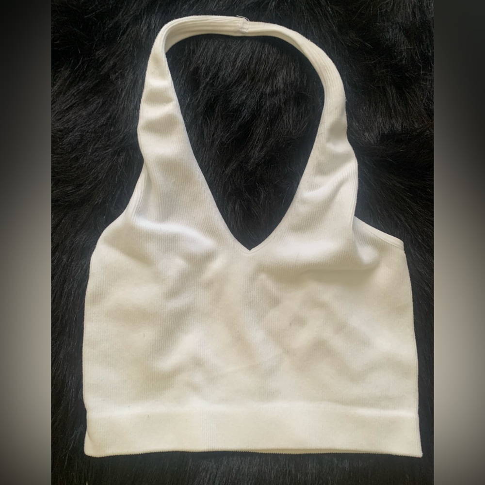 EUC Ambiance cropped white halter top with vee neck, Size S/M